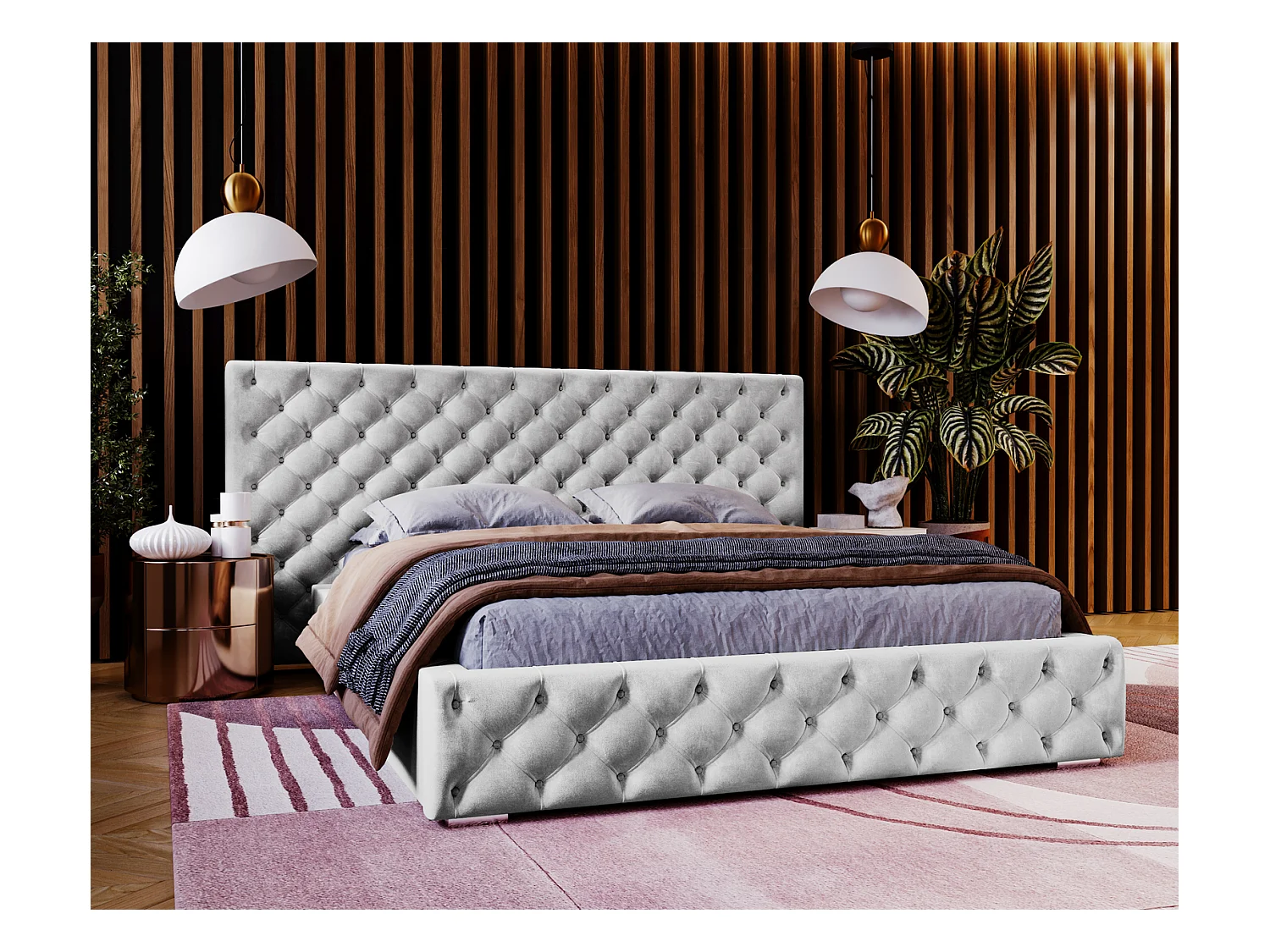 Emporius Lit double 140x200 Bella - Chesterfield Lit, tissu Velvet, Rangement, Sommier à Lattes - Lit double Gris clair (Magic Velvet 2218)