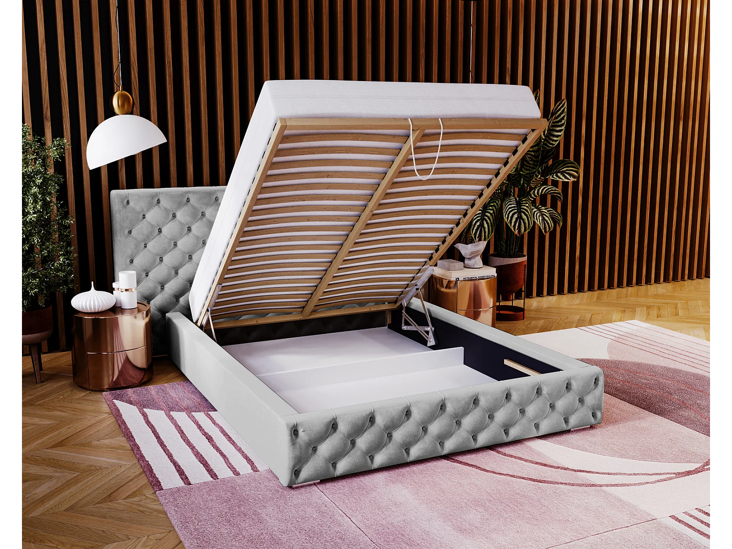 Emporius tweepersoonsbed 140x200 Bella, glamourstijl - gestoffeerd bed, chesterfield, opbergruimte - fluweel Lichtgrijs (Magic Velvet 2218)