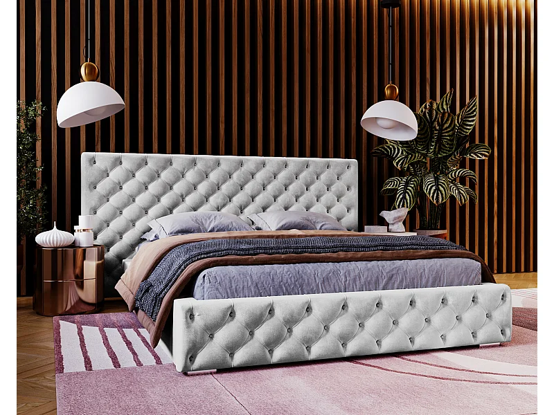 Emporius tweepersoonsbed 140x200 Bella, glamourstijl - gestoffeerd bed, chesterfield, opbergruimte - fluweel Lichtgrijs (Magic Velvet 2218)