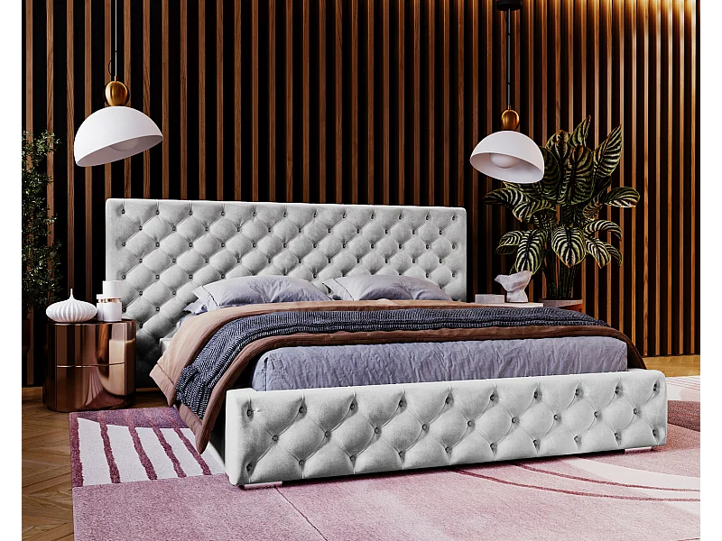 Emporius Lit double 140x200 Bella - Chesterfield Lit, tissu Velvet, Rangement, Sommier à Lattes - Lit double Gris clair (Magic Velvet 2218)