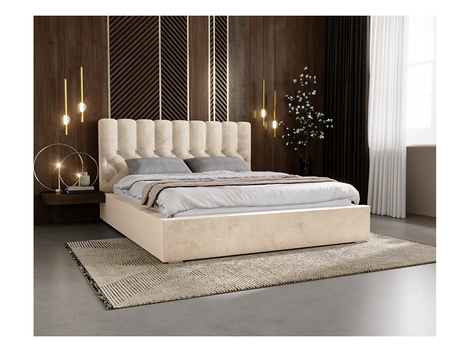 Emporius Lit rembourré 160x200 Sevilla - tête de lit, Haute rembourrée, Rangement - Lit chesterfield Beige (Magic Velvet 2201)