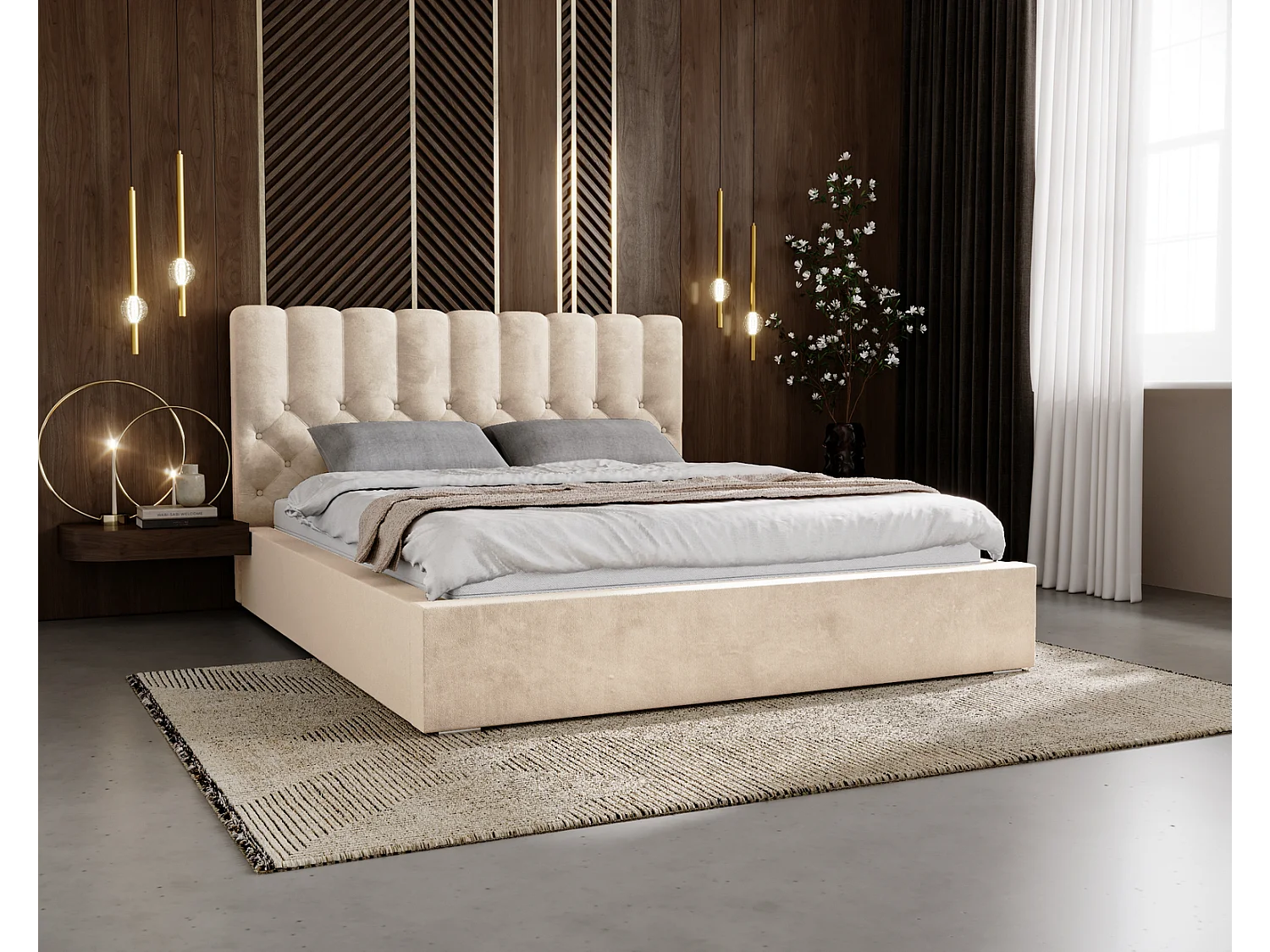 Emporius gestoffeerd bed 160x200 Sevilla, glamourstijl - Tweepersoonsbed 140x200 cm - fluwelen Beige (Magic Velvet 2201)