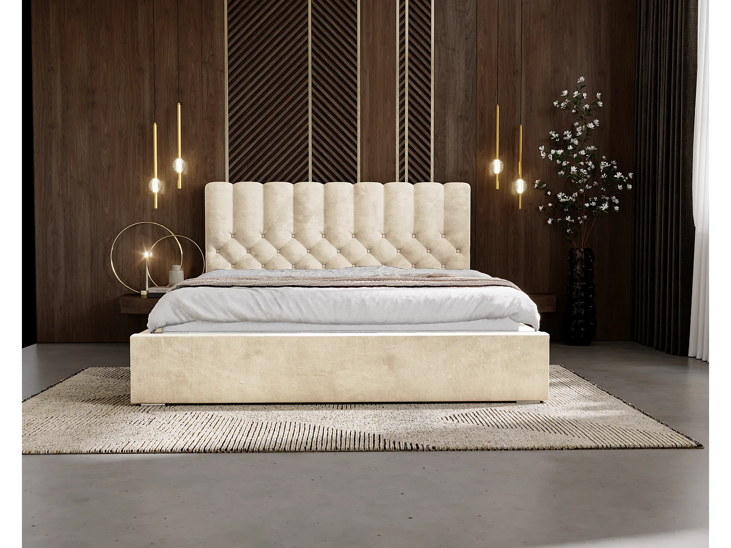 Emporius gestoffeerd bed 160x200 Sevilla, glamourstijl - Tweepersoonsbed 140x200 cm - fluwelen Beige (Magic Velvet 2201)