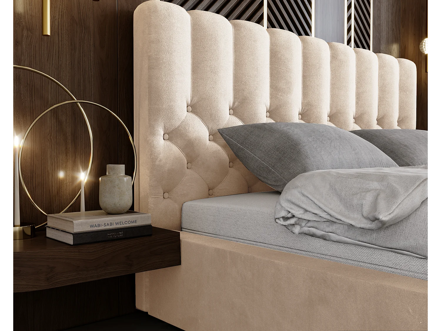 Emporius gestoffeerd bed 160x200 Sevilla, glamourstijl - Tweepersoonsbed 140x200 cm - fluwelen Beige (Magic Velvet 2201)