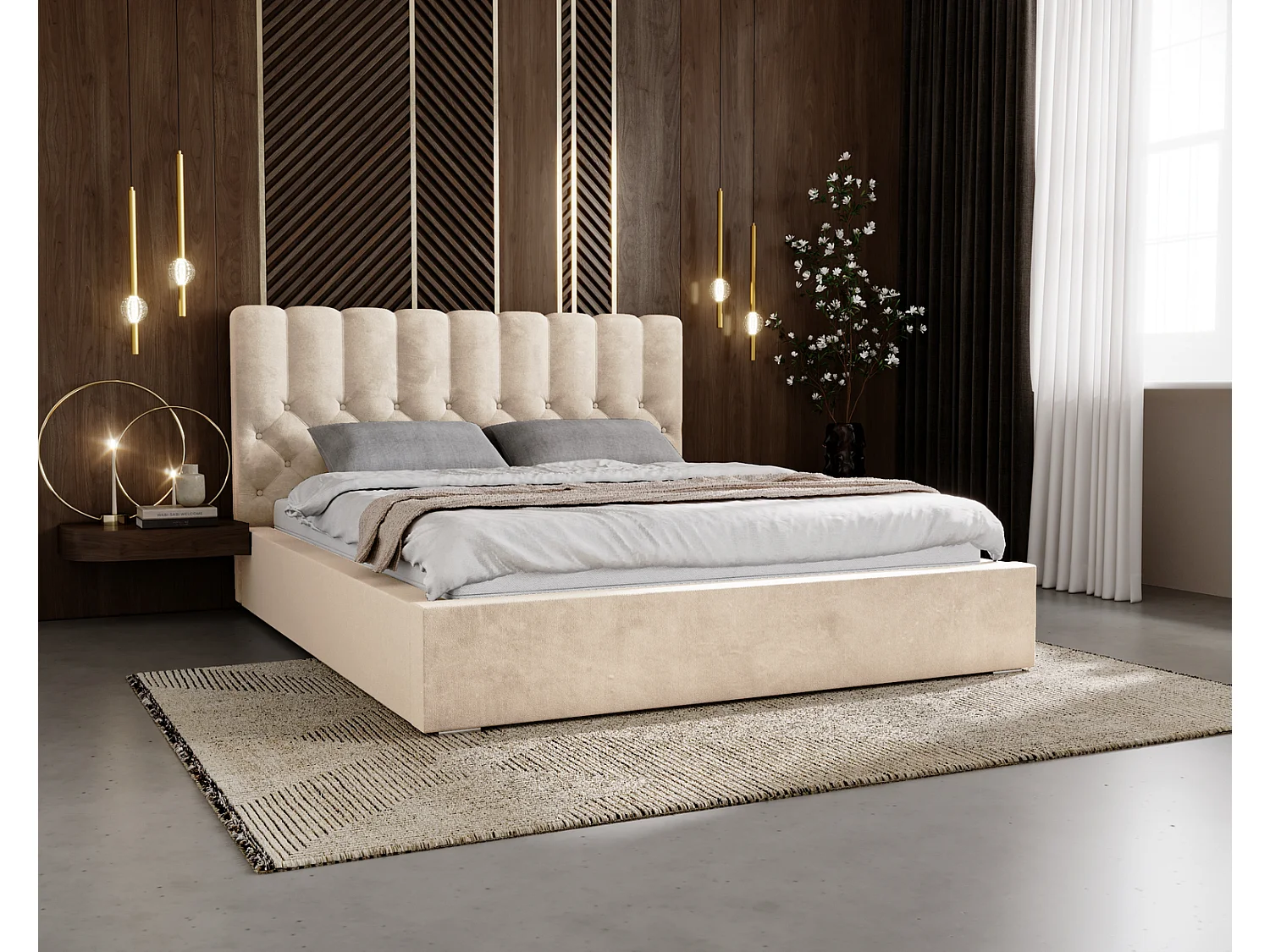 Emporius Lit rembourré 160x200 Sevilla - tête de lit, Haute rembourrée, Rangement - Lit chesterfield Beige (Magic Velvet 2201)