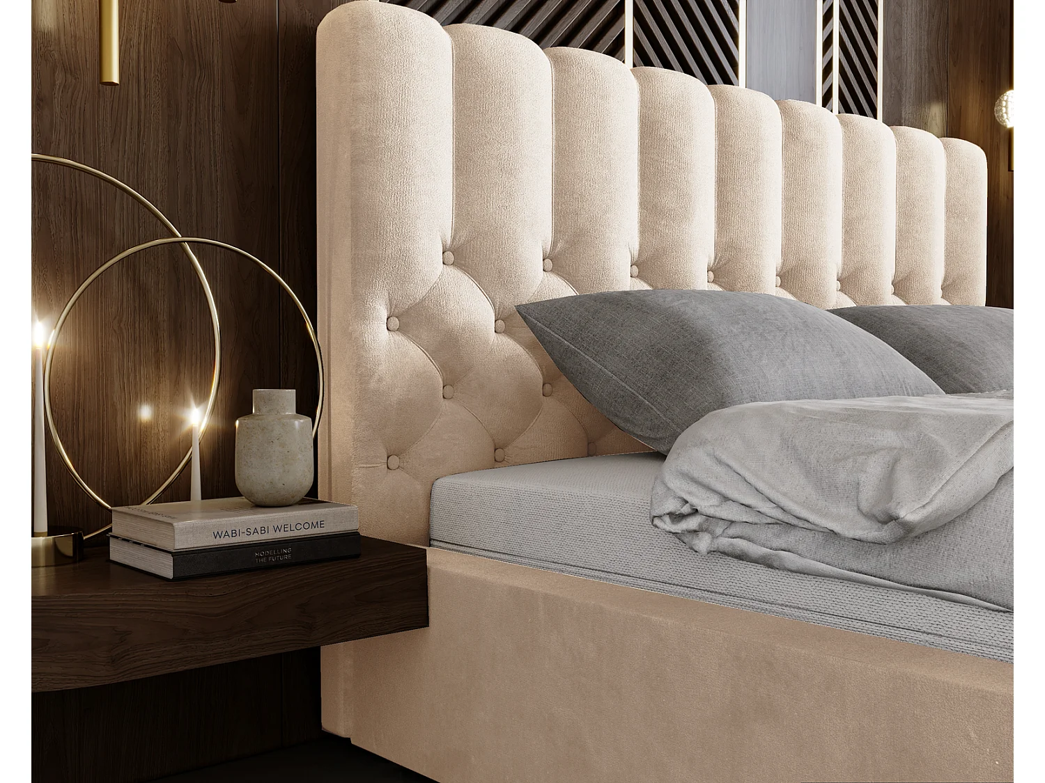 Emporius Lit rembourré 160x200 Sevilla - tête de lit, Haute rembourrée, Rangement - Lit chesterfield Beige (Magic Velvet 2201)