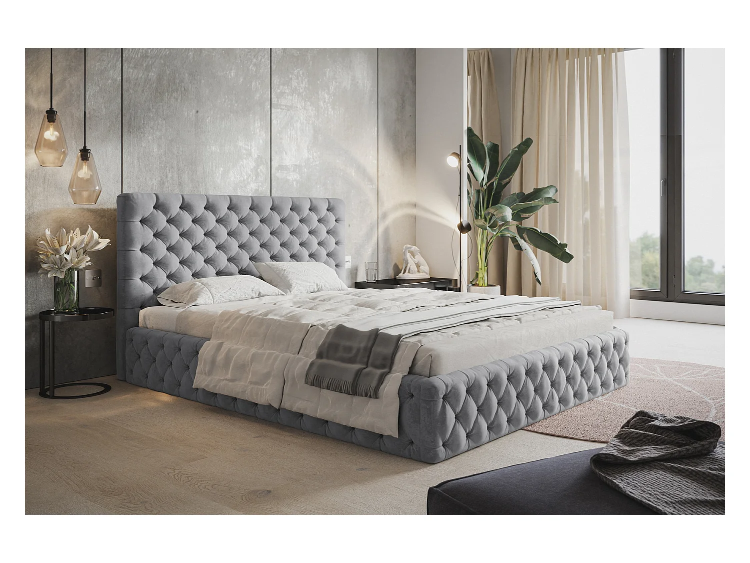 Emporius Lit adulte 180x200 Furis - Lit double avec Rangment - Lit rembourrée, lit chesterfield 140x200 - Velvet Gris clair (Jasmine 90)