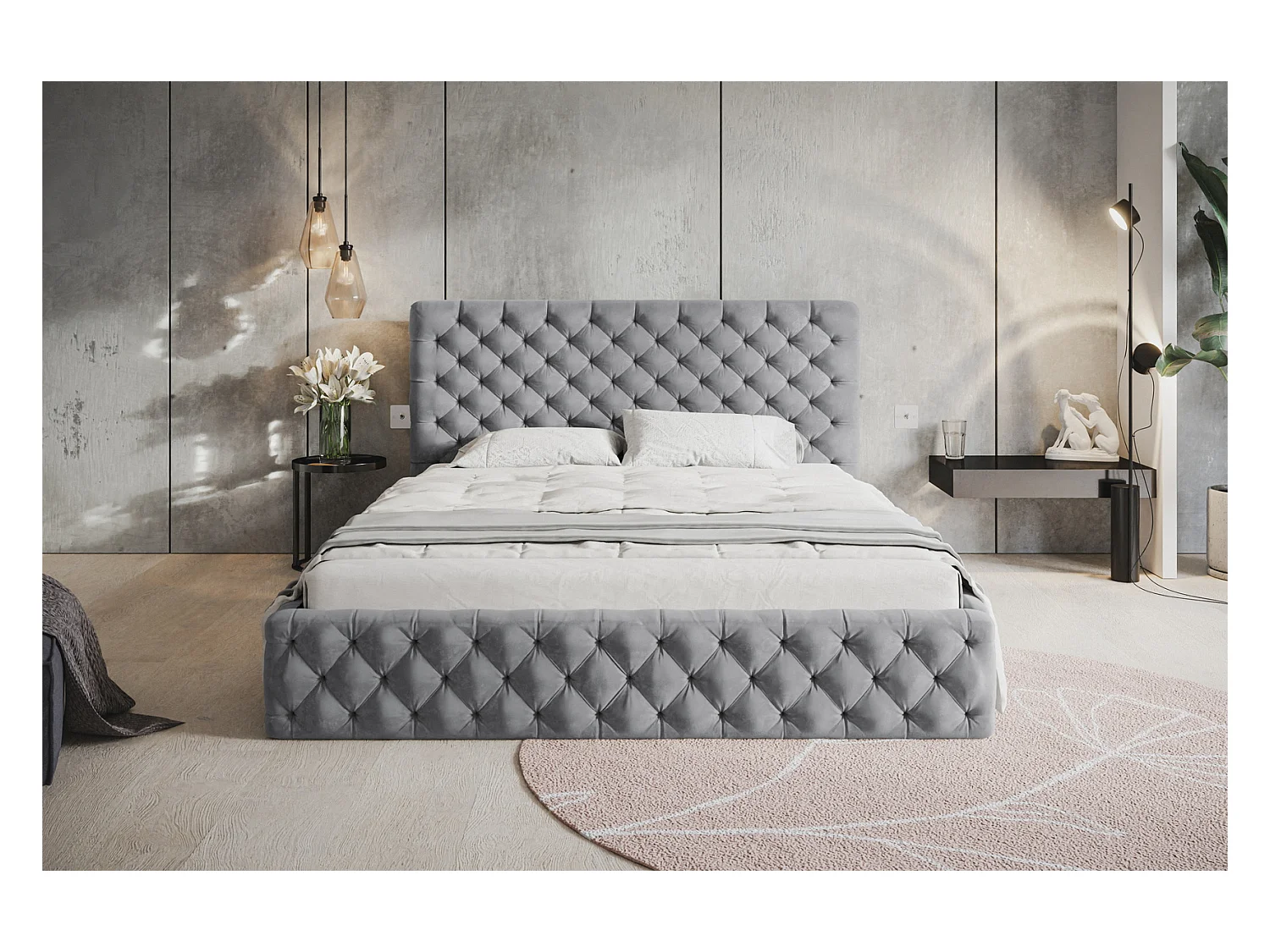 Emporius Lit adulte 180x200 Furis - Lit double avec Rangment - Lit rembourrée, lit chesterfield 140x200 - Velvet Gris clair (Jasmine 90)