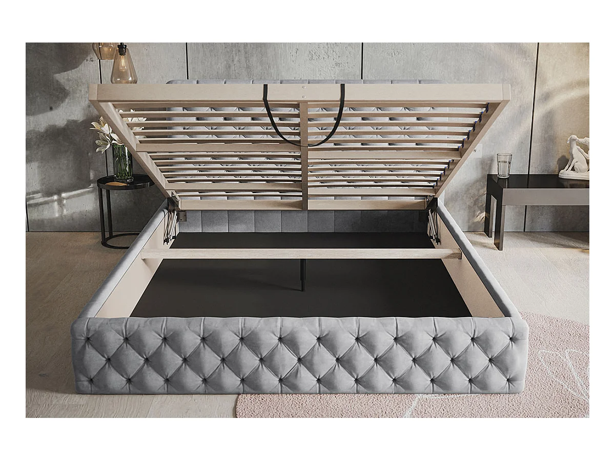 Emporius Lit adulte 180x200 Furis - Lit double avec Rangment - Lit rembourrée, lit chesterfield 140x200 - Velvet Gris clair (Jasmine 90)