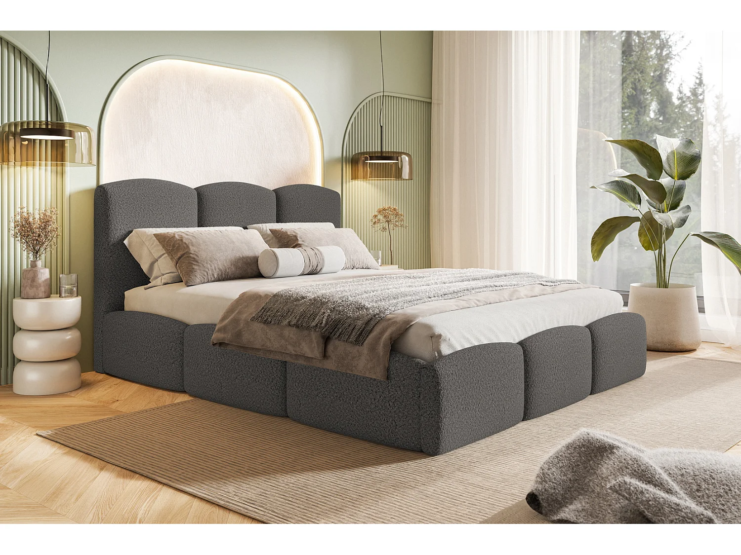 Emporius bed 140x200 Roma Slim - tweepersoonsbed met opbergruimte, lattenbodem - Bouclé Donkergrijs (Anthology 18)