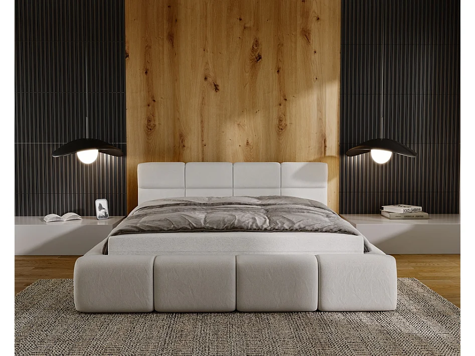 Emporius Lit rembourré 160x200, Lit adulte avec Rangement Oslo - Tete de Lit, Velvet, lit double - Beige (Solar 3)