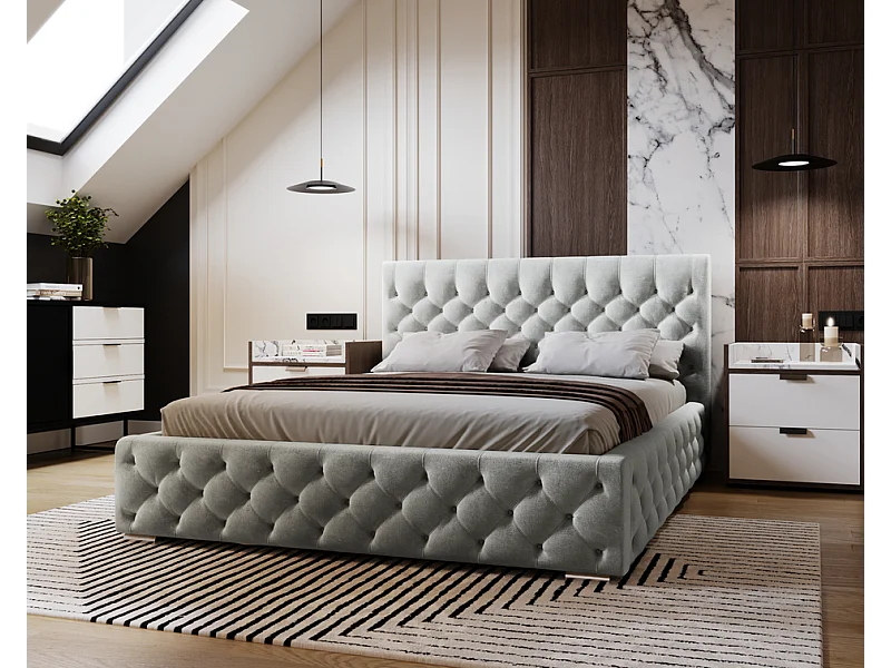Emporius Gestoffeerd bed met groot hoofdeinde Elira tweepersoonsbed 200x200 - lattenbodem, bedlade, fluwelen - Lichtgrijs (Magic Velvet 2218)