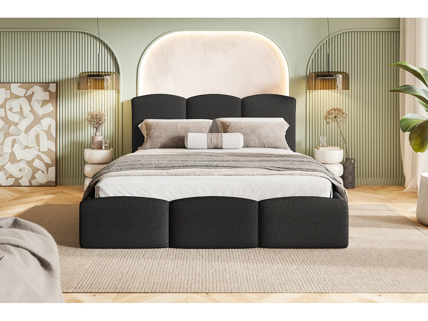 Lit double 160x200 Roma Slim - Lit coffre, tissu bouclé - Noir (Anthology 19)
