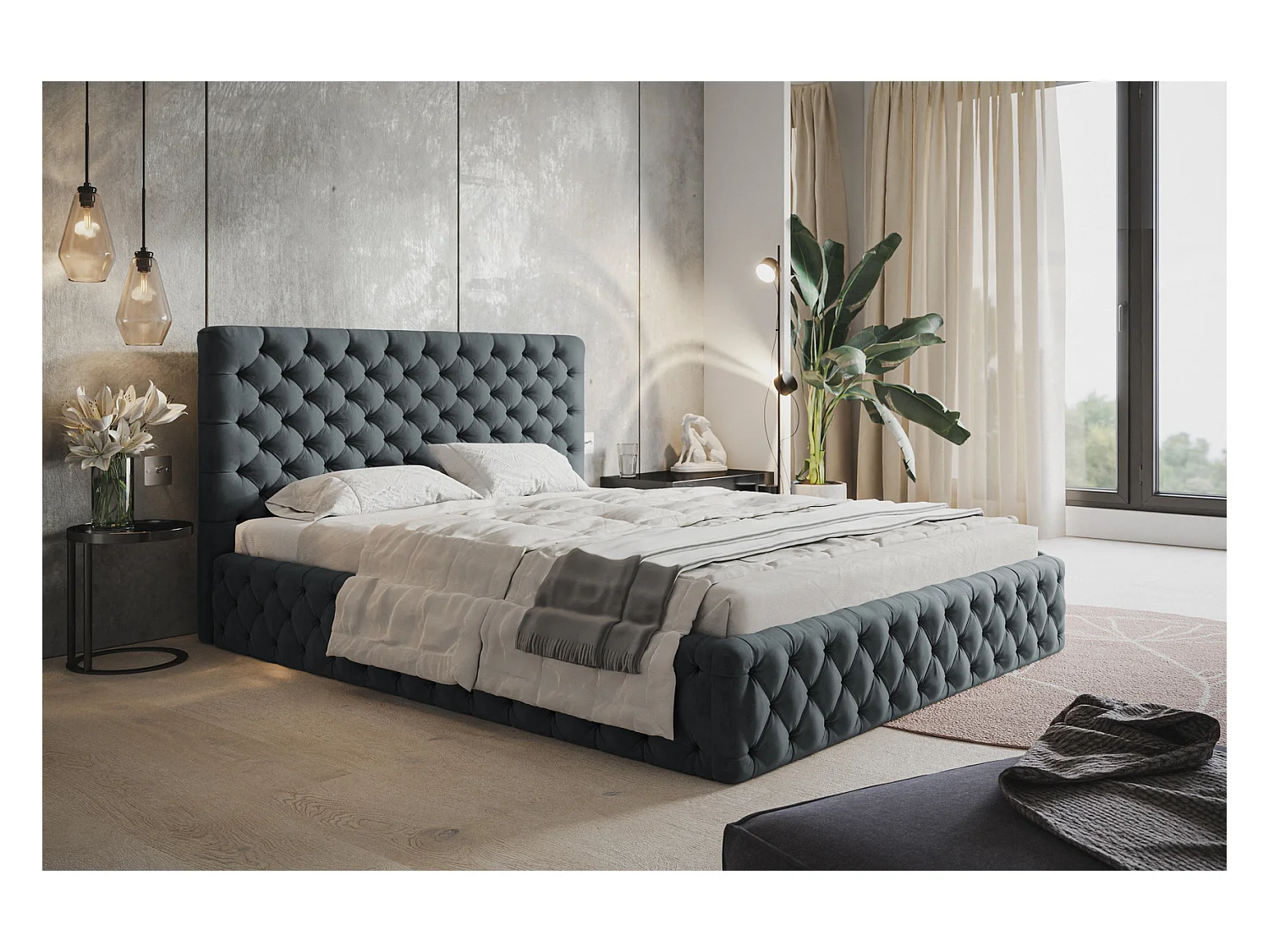 Emporius Lit adulte 180x200 Furis - Lit double avec Rangment - Lit rembourrée, lit chesterfield 140x200 - Velvet Gris foncé (Jasmine 96)