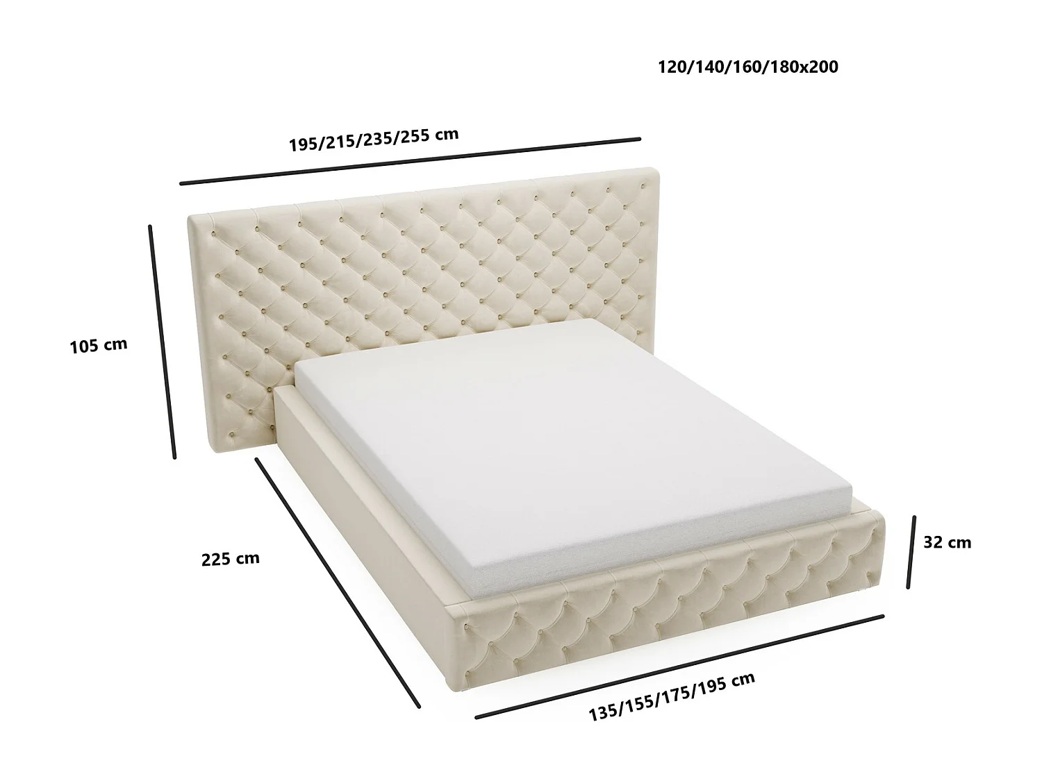 Emporius Lit double 140x200 Bella - Chesterfield Lit, tissu Velvet, Rangement, Sommier à Lattes - Lit double Beige (Magic Velvet 2201)