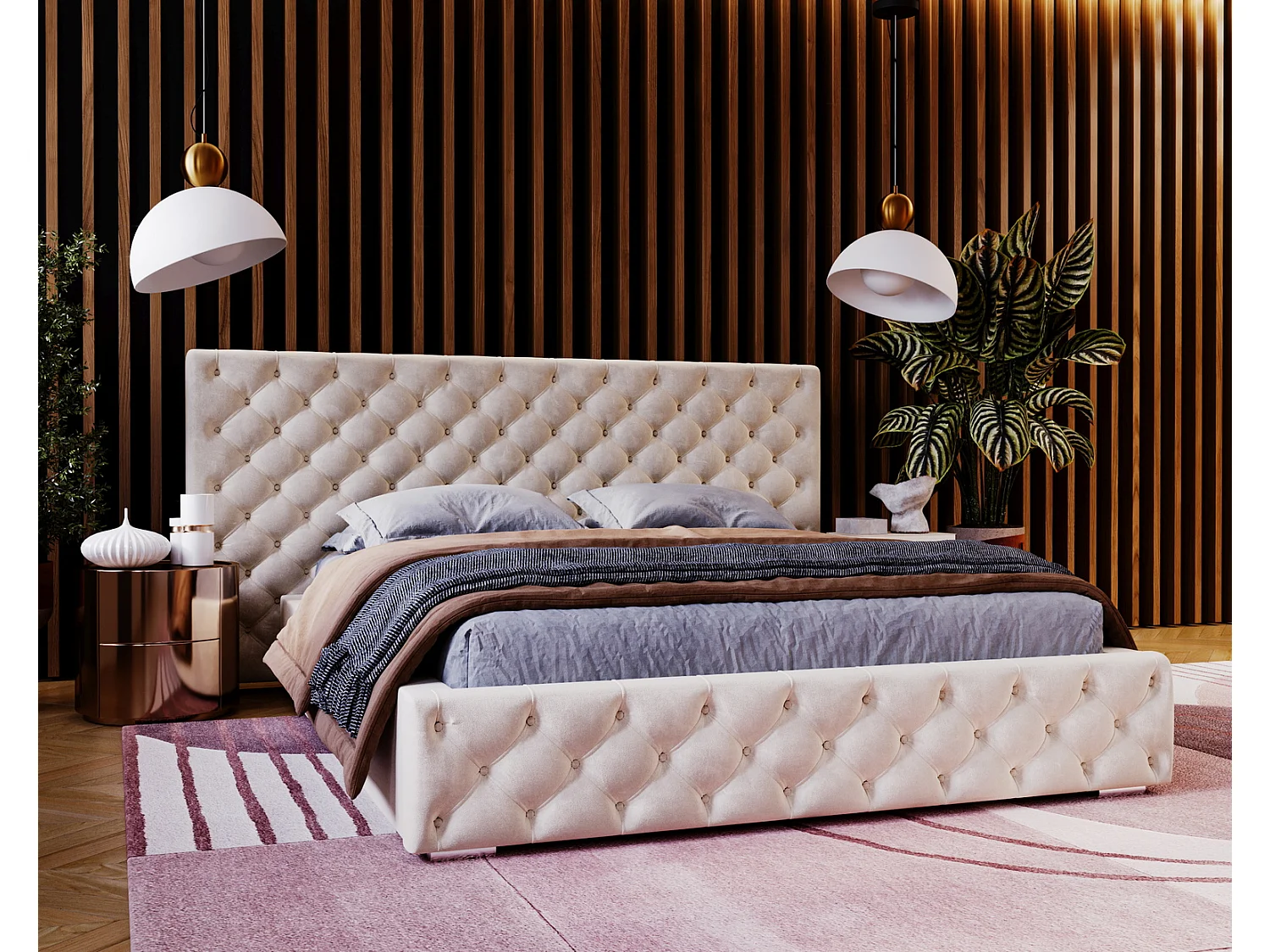 Emporius Polsterbett 200x200cm Lisbon - Bett mit Lattenrost, Bettkasten, Kopfteil - Schlafzimmerbett, doppelbett 200x200 - Velvet Beige (Magic Velvet 2201)