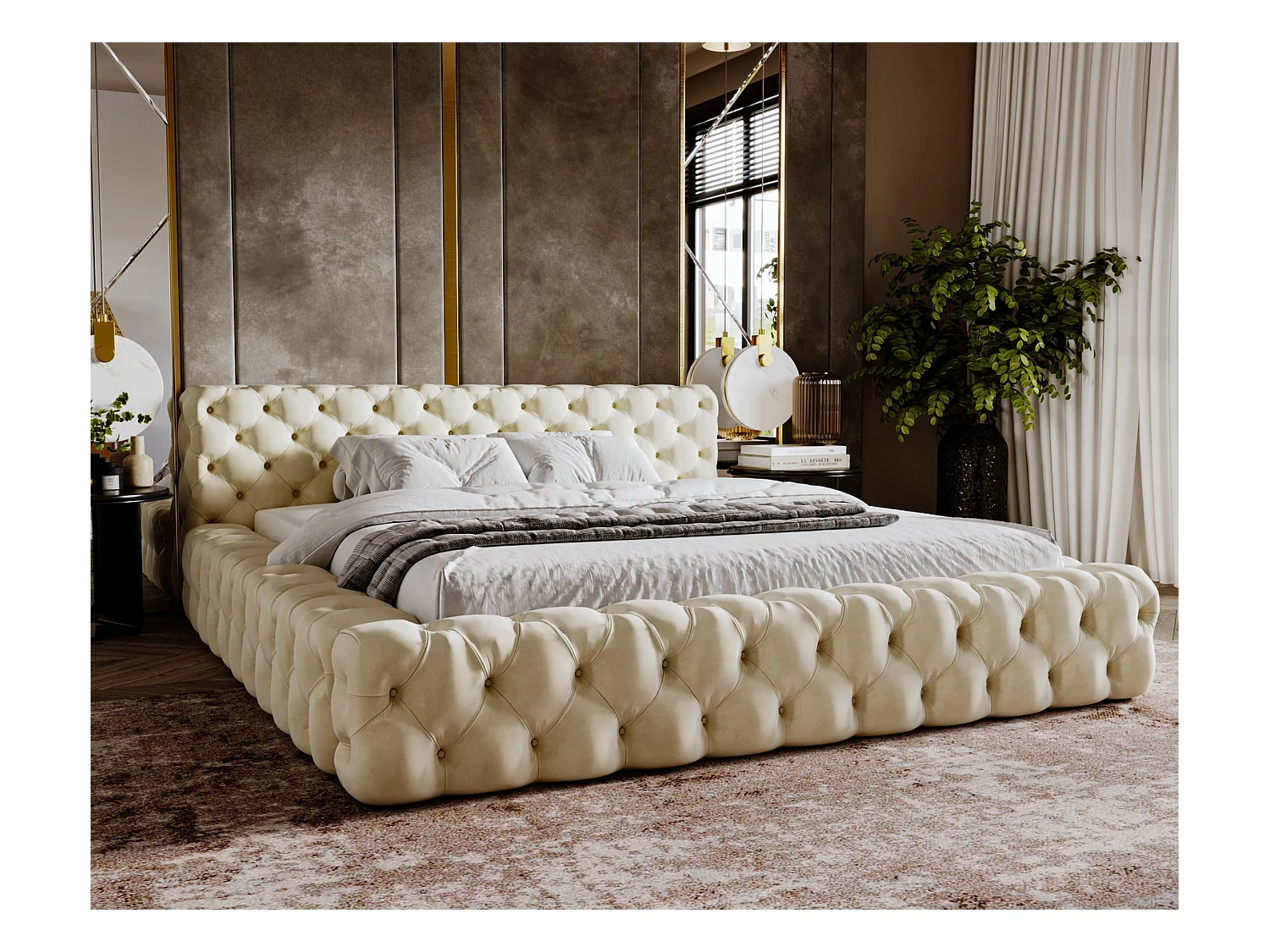 Emporius gestoffeerd bed 160x200 Vigo, bed met lattenbodem - tweepersoonsbed 160x200 cm, groot hoofdeinde - fluwelen Beige (Amor Velvet 4323)