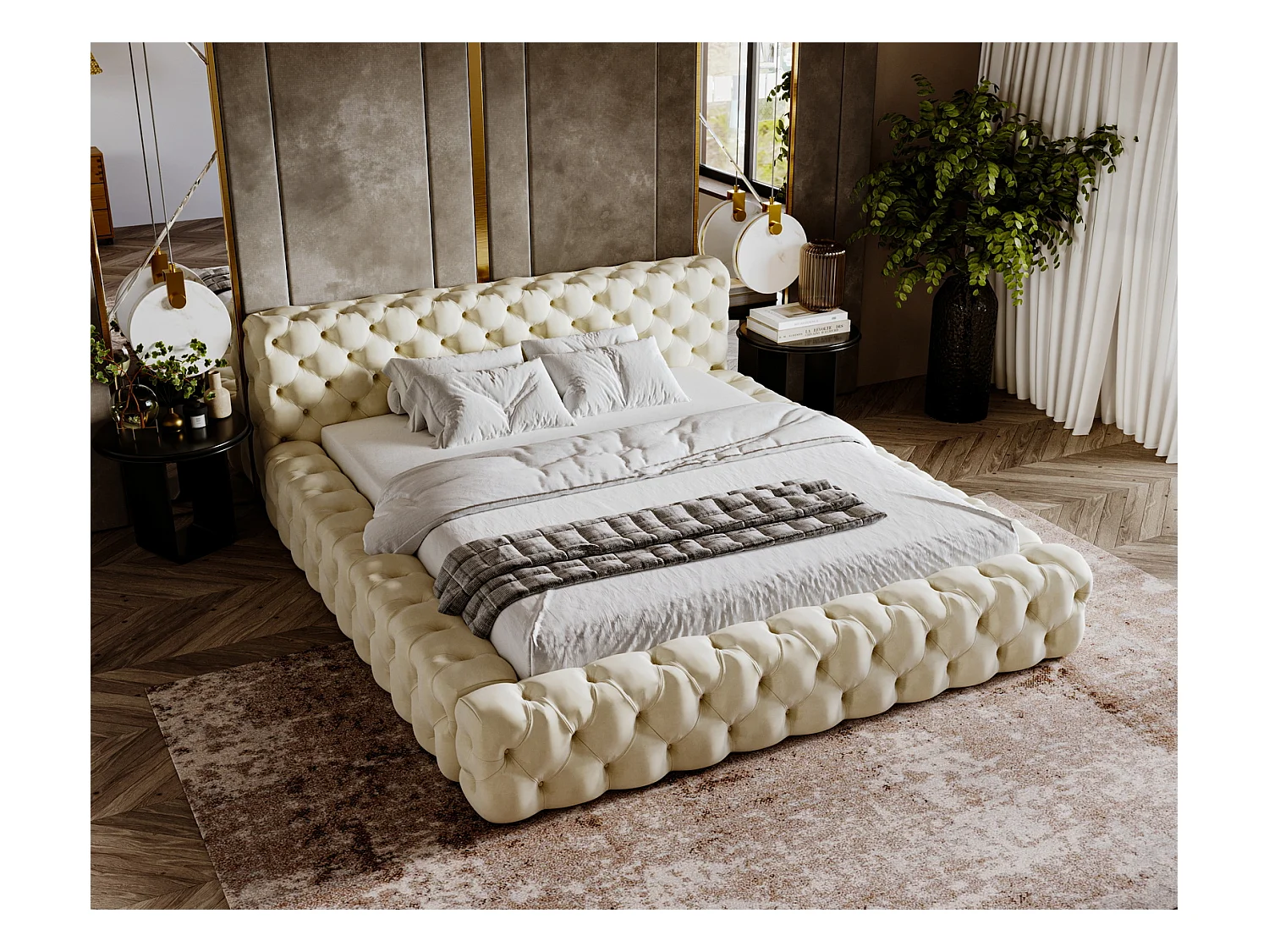 Emporius Lit rembourré avec rangement Vigo, Lit adulte 160x200 cm - Beige (Amor Velvet 4323)