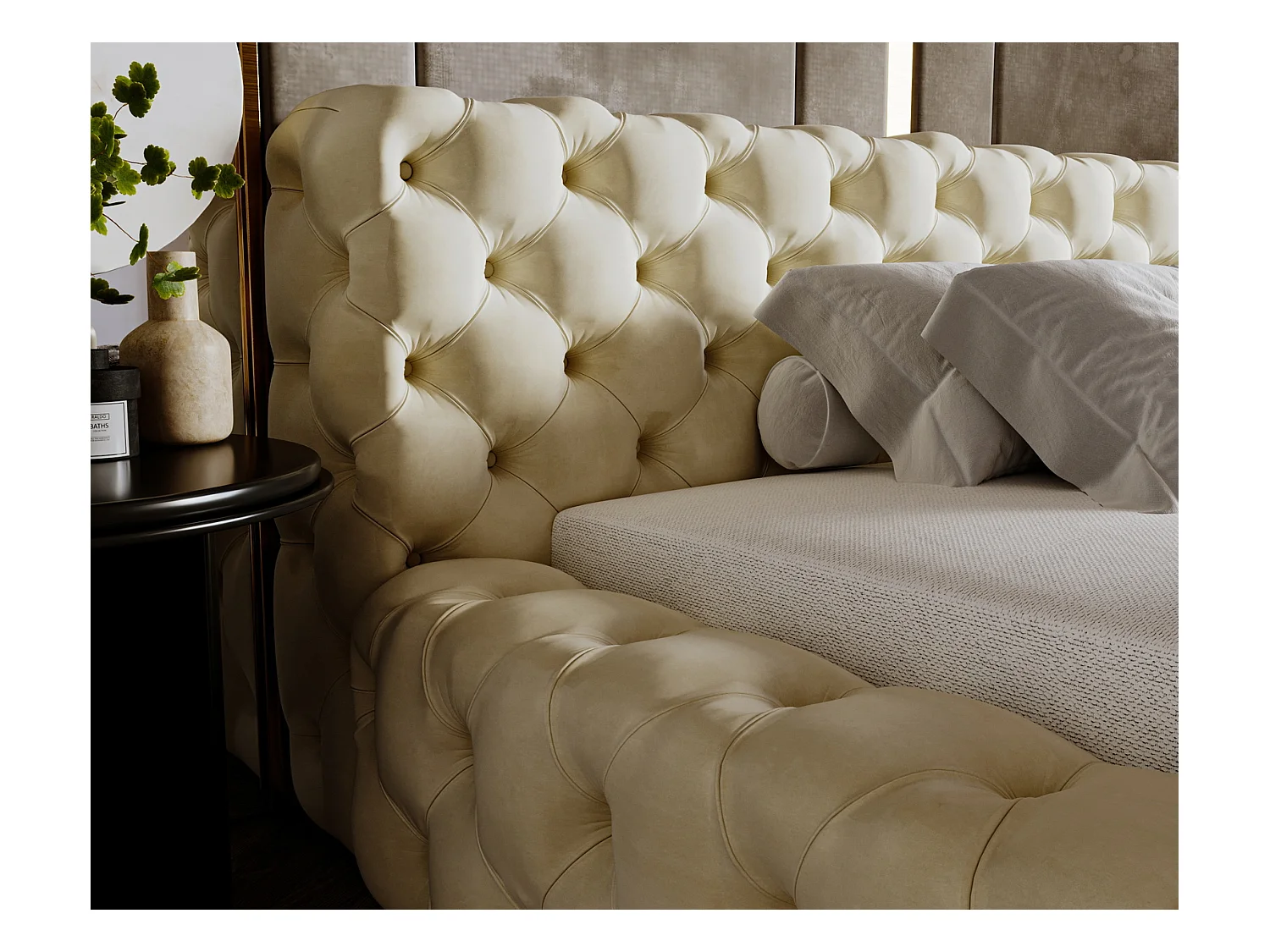 Emporius Lit rembourré avec rangement Vigo, Lit adulte 160x200 cm - Beige (Amor Velvet 4323)