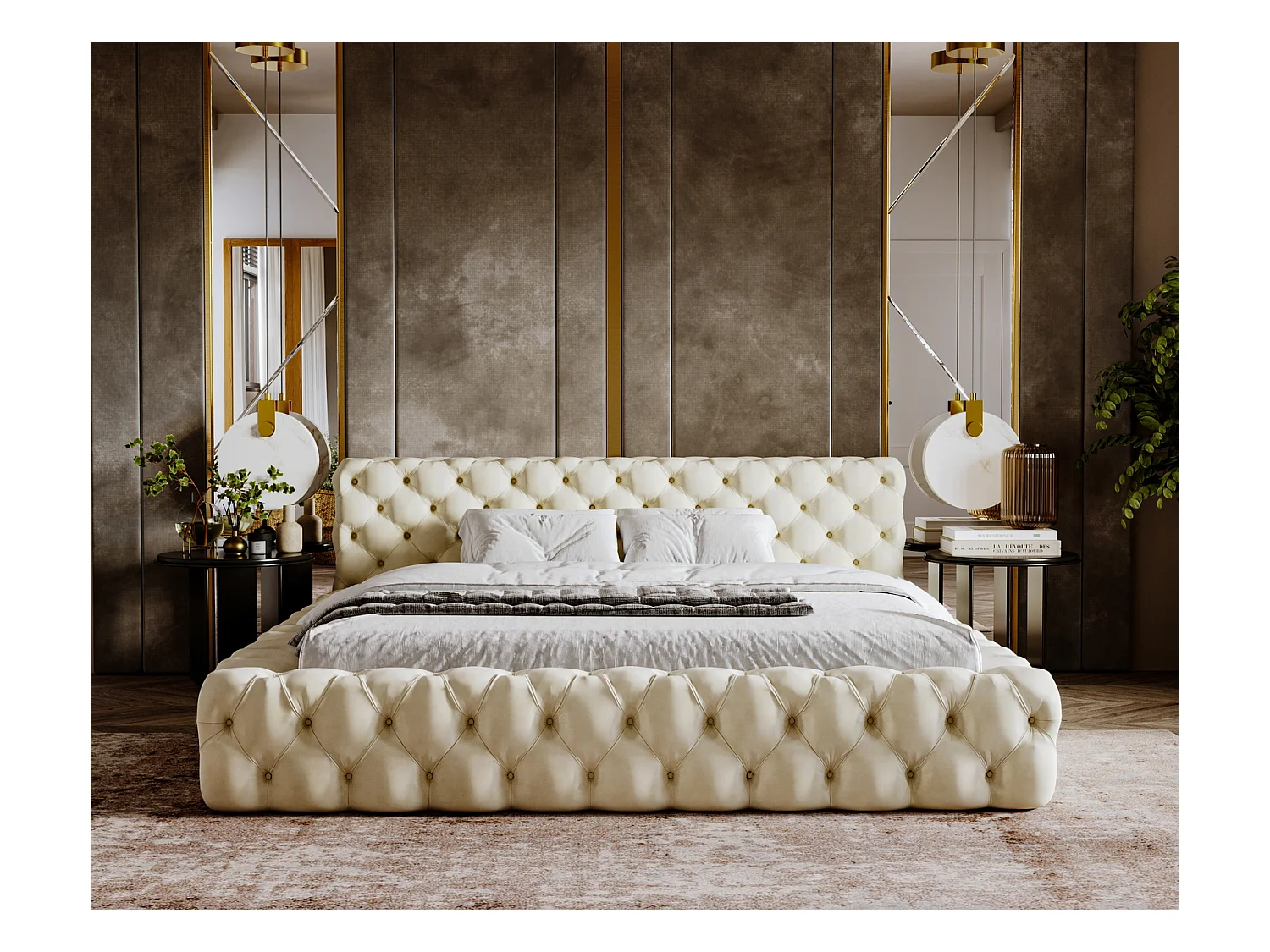 Emporius Lit rembourré avec rangement Vigo, Lit adulte 160x200 cm - Beige (Amor Velvet 4323)