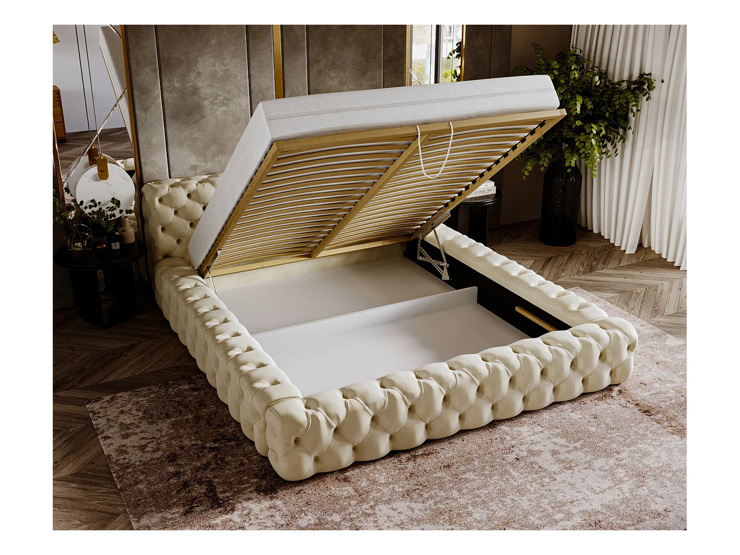 Emporius Lit rembourré avec rangement Vigo, Lit adulte 160x200 cm - Beige (Amor Velvet 4323)