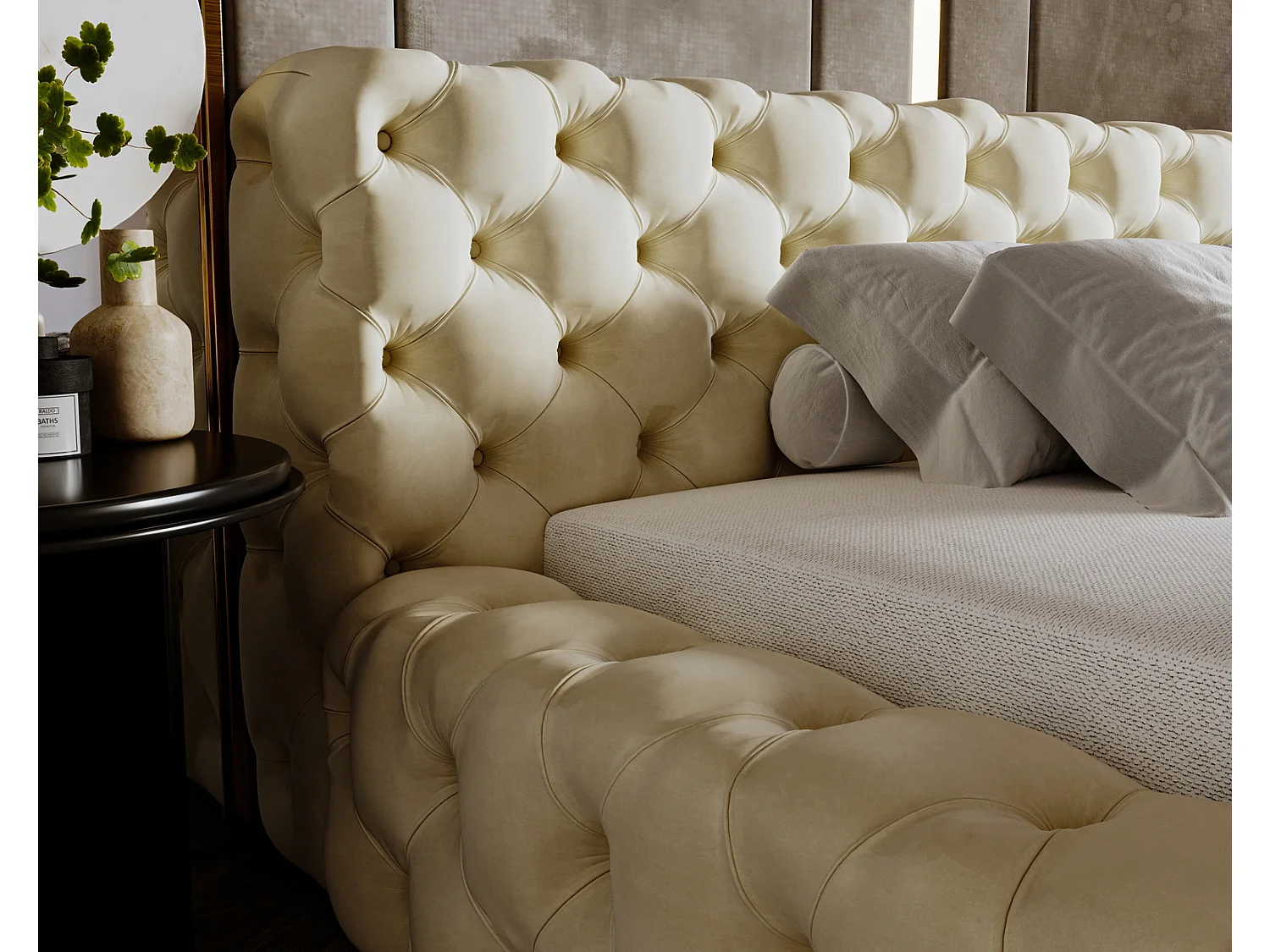 Emporius Lit rembourré avec rangement Vigo, Lit adulte 160x200 cm - Beige (Amor Velvet 4323)