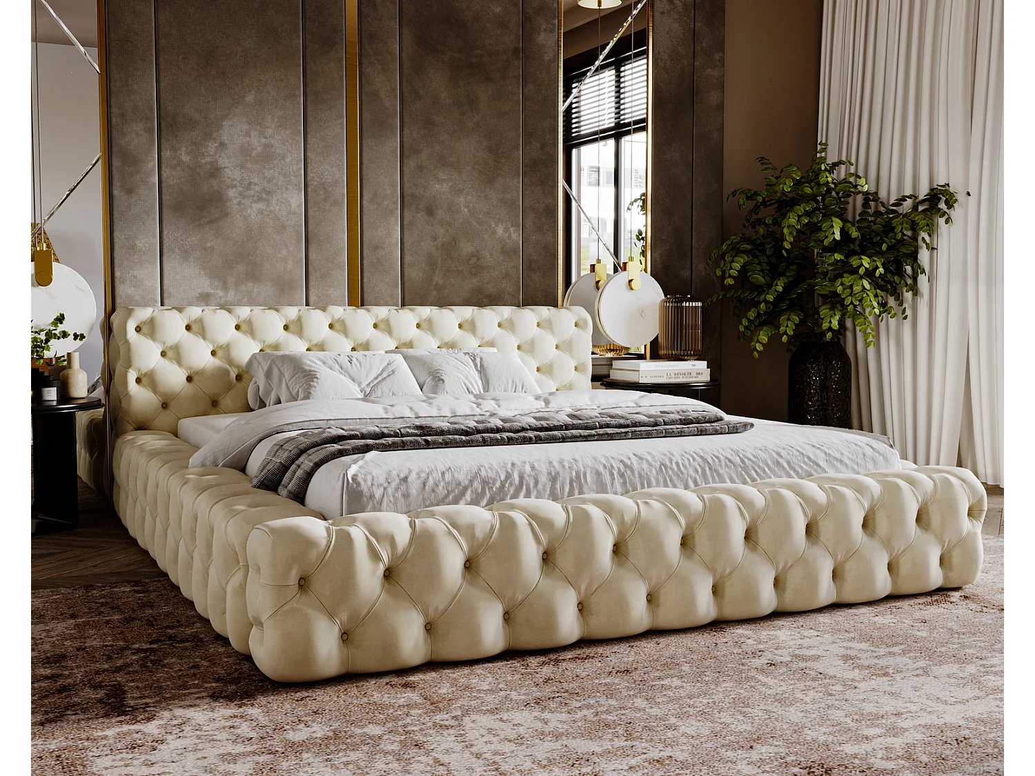Emporius Lit rembourré avec rangement Vigo, Lit adulte 160x200 cm - Beige (Amor Velvet 4323)
