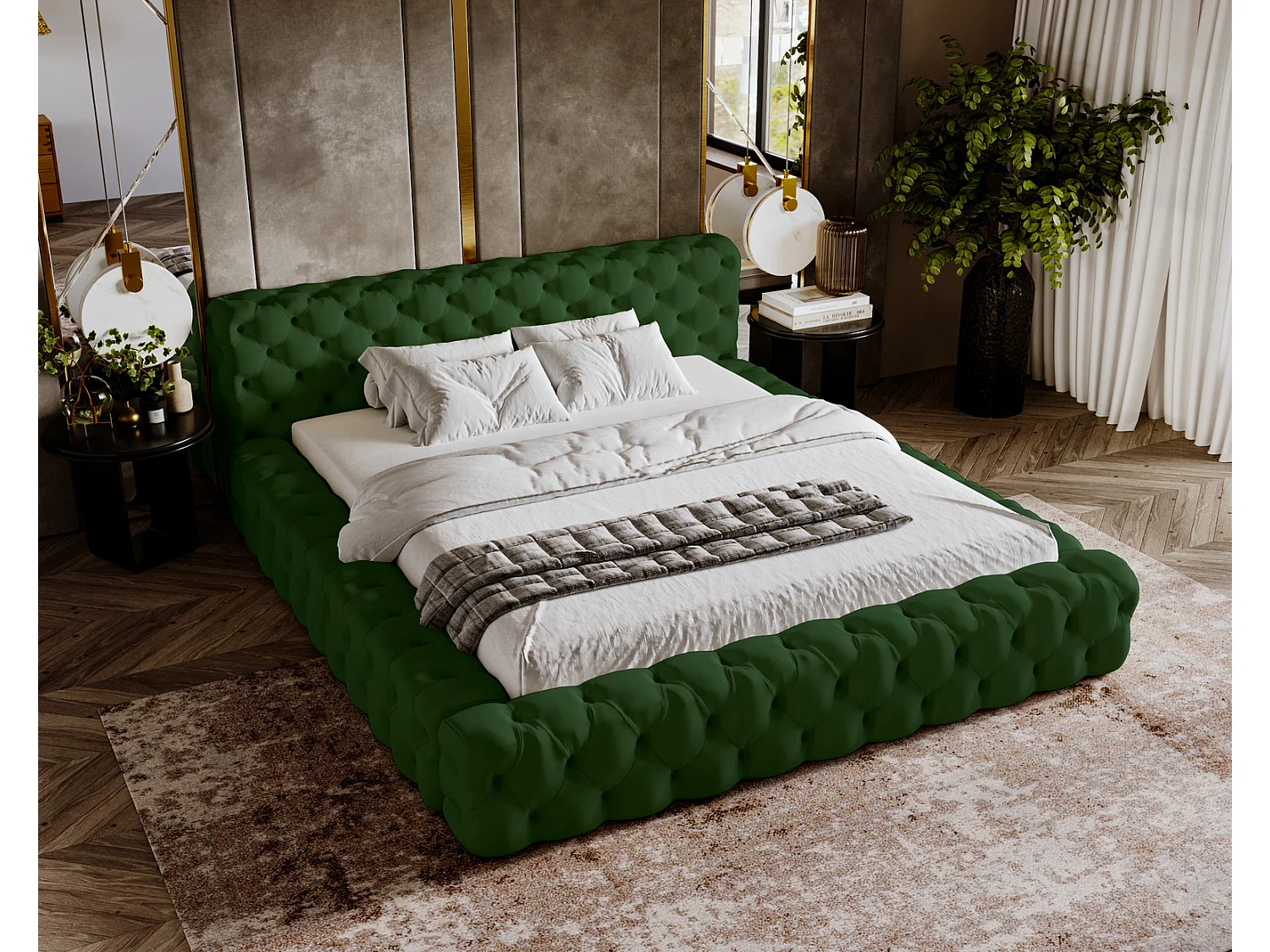 Emporius Lit rembourré avec rangement Vigo, Lit adulte 140x200 cm - Vert (Amor Velvet 4311)