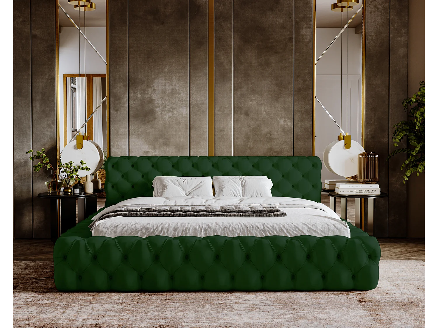 Emporius gestoffeerd bed 140x200 Vigo, bed met lattenbodem - tweepersoonsbed 140x200 cm, groot hoofdeinde - fluwelen Groen (Amor Velvet 4311)