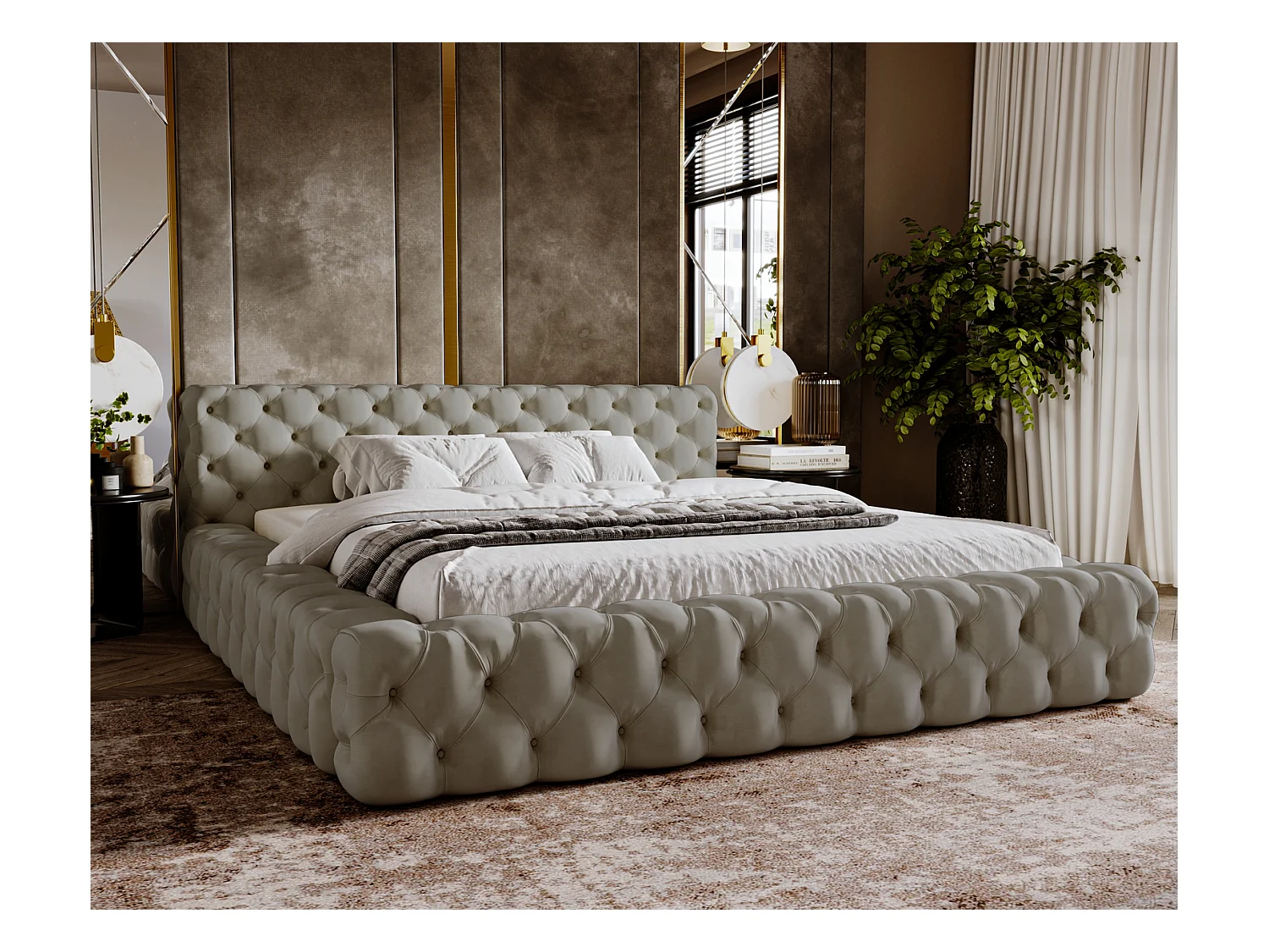 Emporius gestoffeerd bed 160x200 Vigo, bed met lattenbodem - tweepersoonsbed 160x200 cm, groot hoofdeinde - fluwelen Lichtgrijs (Amor Velvet 4318)