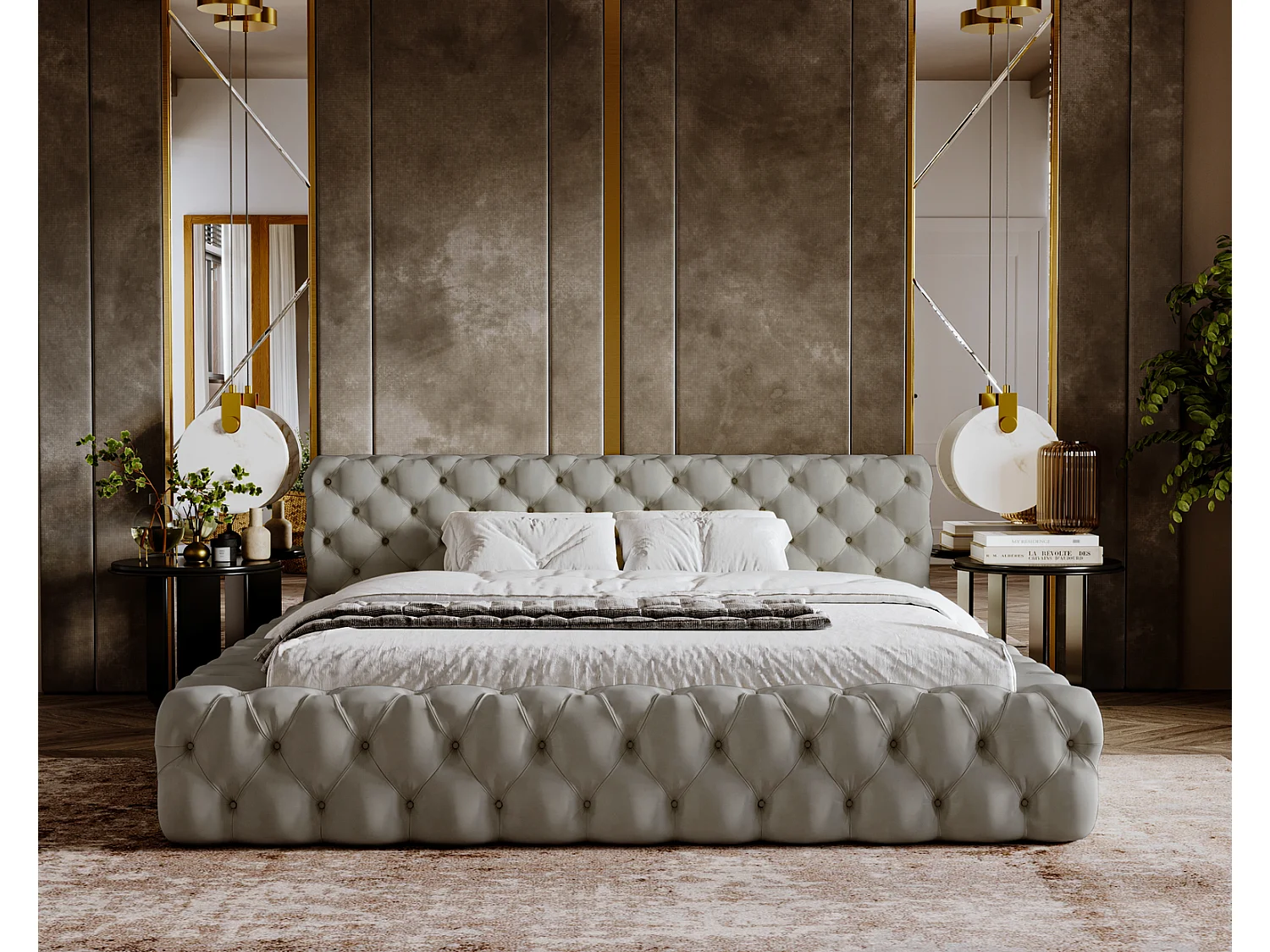 Emporius Lit rembourré avec rangement Vigo, Lit adulte 160x200 cm - Gris clair (Amor Velvet 4318)