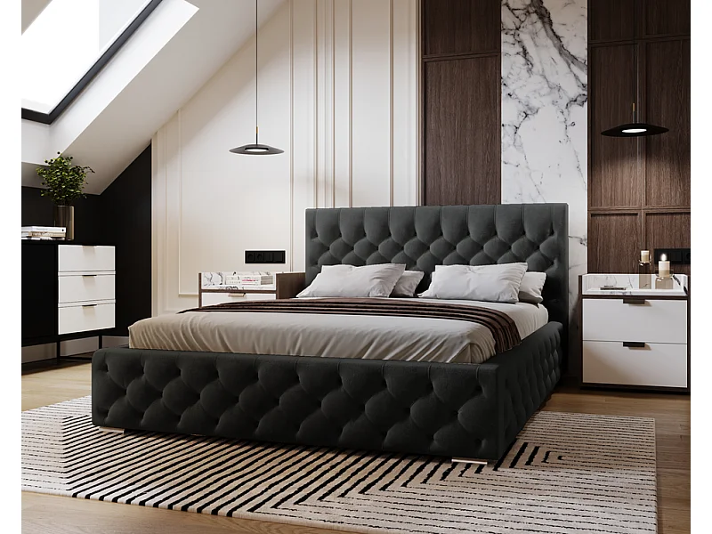 Emporius Gestoffeerd bed met groot hoofdeinde Elira tweepersoonsbed 200x200 - lattenbodem, bedlade, fluwelen - Zwart (Magic Velvet 2219)