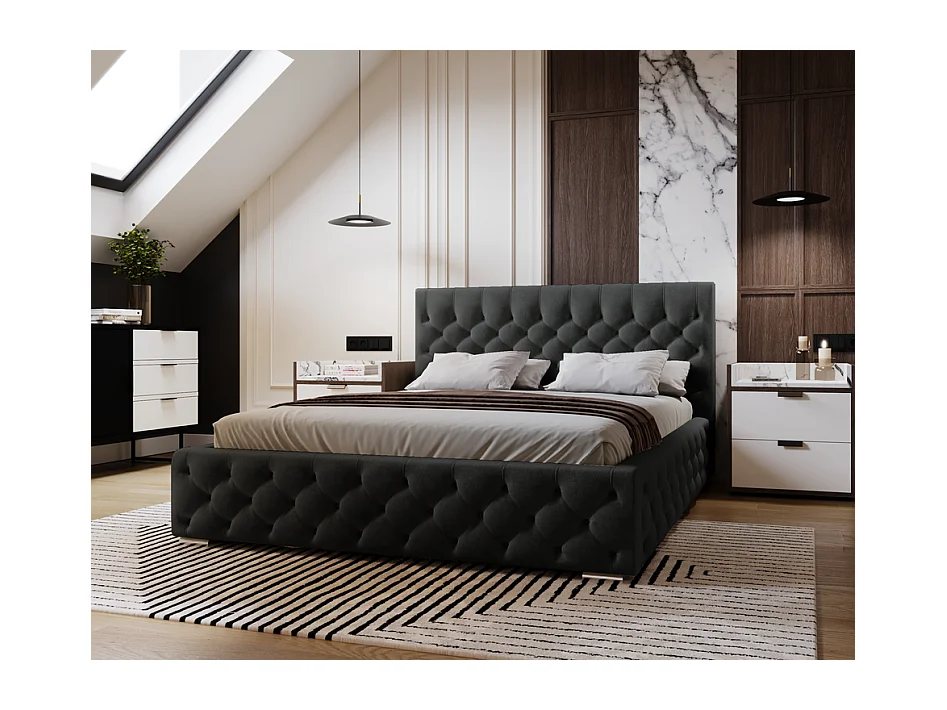 Emporius Lit adulte 200x200 cm avec Rangement Elira - Lit Double, lit rembourré, Lit Adulte avec Tete de Lit - Velvet Noir (Magic Velvet 2219)