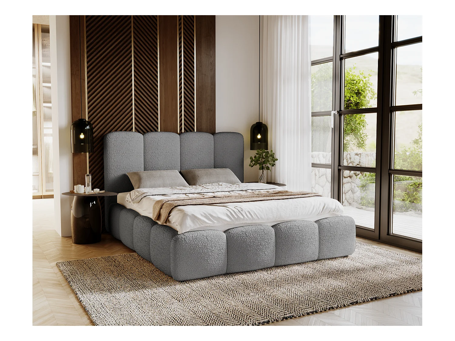 Emporius Merkad Boucle Lit double 160x200 - lit adutle avec rangement, Sommier à Lattes, Coffre à Literie - Lit Rembourré 160x200 Gris (Anthology 17)
