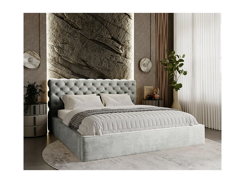 Emporius Lit double avec rangement 140x200 Ali - Lit adulte glamour - Velour Gris clair (Magic Velvet 2218)