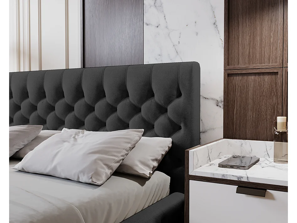 Emporius Lit adulte 160x200 cm avec Rangement Elira - Lit Double, lit rembourré, Lit Adulte avec Tete de Lit - Velvet Noir (Magic Velvet 2219)