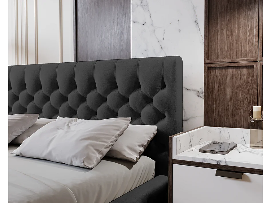 Emporius Elira łóżko tapicerowane 160x200 z pojemnikiem - tkanina velvet, glamour, pikowanie chesterfield - łóżko 160x200 czarny (Magic Velvet 2219)