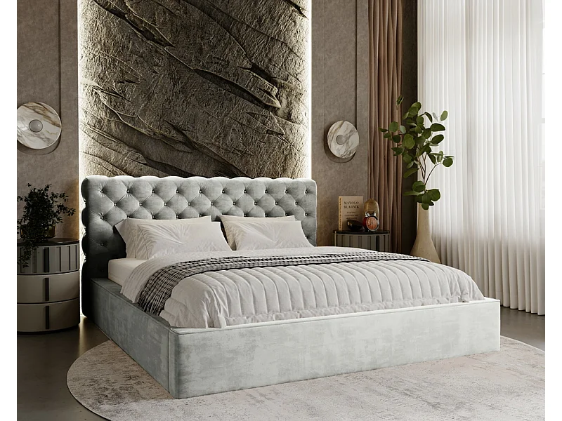 Emporius Tweepersoonsbed 200x200 Ali - glamourstijl, gestoffeerd bed, lattenbodem, opbergruimte - fluweel Lichtgrijs (Magic Velvet 2218)