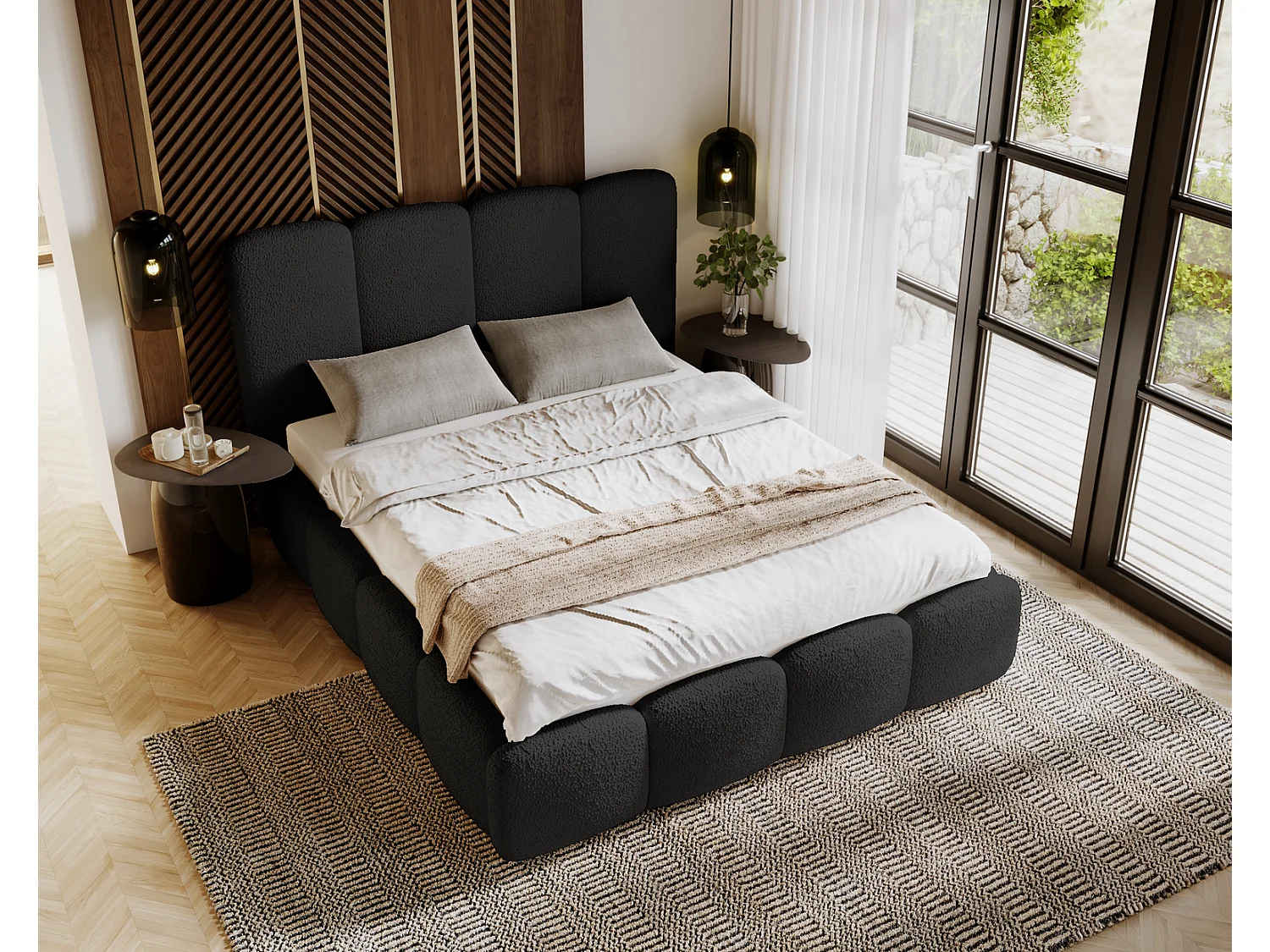 Emporius Merkad Boucle Lit double 200x200 - lit adutle avec rangement, Sommier à Lattes, Coffre à Literie - Lit Rembourré 200x200 Noir (Anthology 19)