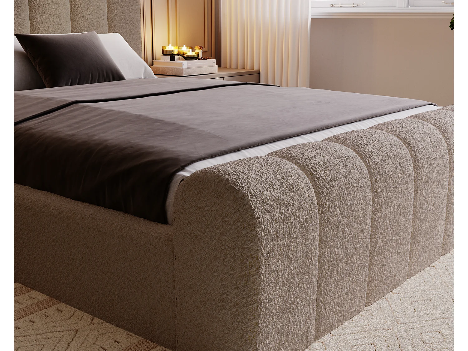 Emporius bed bouclé 200x200 Valetta - Gestoffeerd bed met opbergruimte, luxe bed met lattenbodem en bedlade - tweepersoonsbed 200x200 - Bruin (Anthology 5)