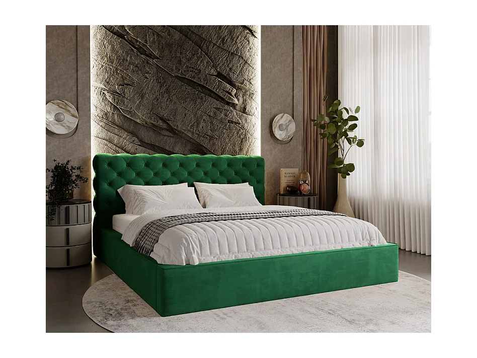 Emporius Lit double avec rangement 160x200 Ali - Lit adulte glamour - Velour Vert (Magic Velvet 2225)