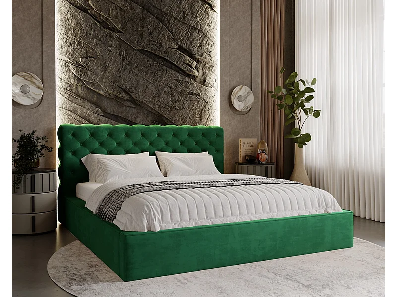 Emporius Lit double avec rangement 160x200 Ali - Lit adulte glamour - Velour Vert (Magic Velvet 2225)