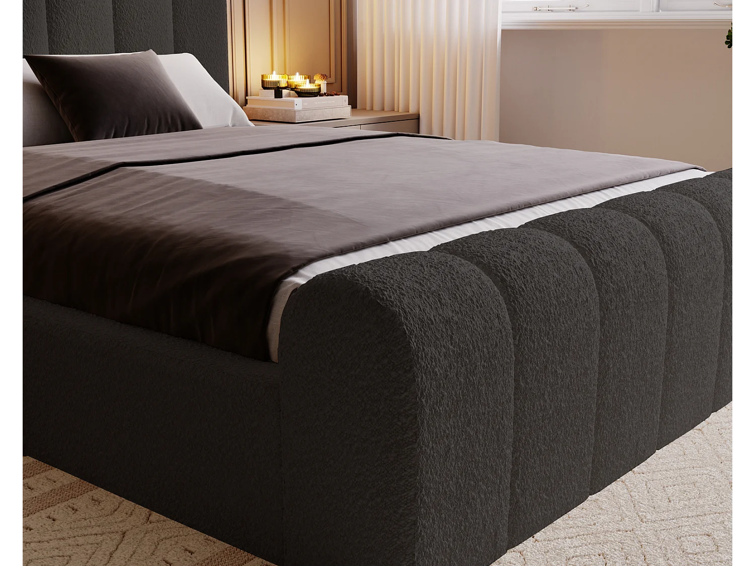Emporius bed bouclé 180x200 Valetta - Gestoffeerd bed met opbergruimte, luxe bed met lattenbodem en bedlade - tweepersoonsbed 180x200 - Zwart (Anthology 19)