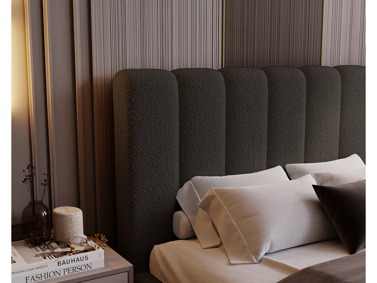 Emporius bed bouclé 180x200 Valetta - Gestoffeerd bed met opbergruimte, luxe bed met lattenbodem en bedlade - tweepersoonsbed 180x200 - Zwart (Anthology 19)