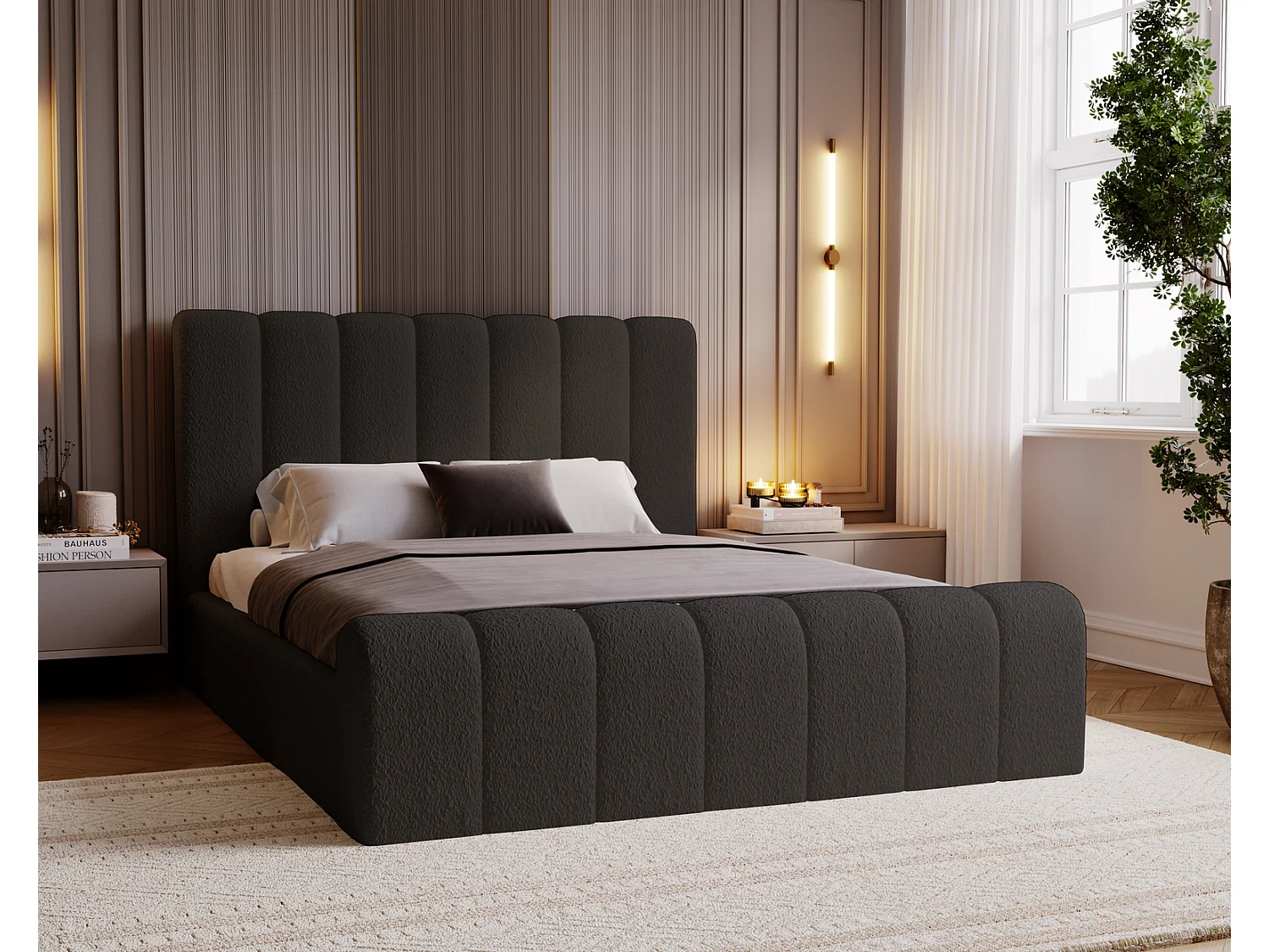 Emporius bed bouclé 180x200 Valetta - Gestoffeerd bed met opbergruimte, luxe bed met lattenbodem en bedlade - tweepersoonsbed 180x200 - Zwart (Anthology 19)
