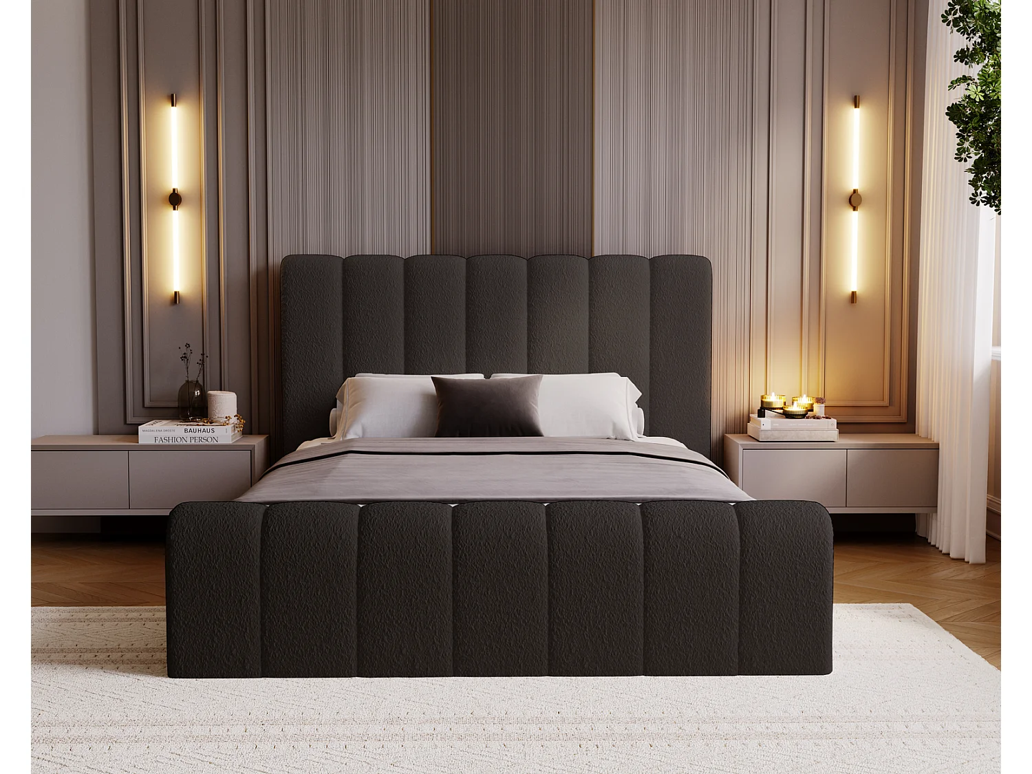 Emporius bed bouclé 180x200 Valetta - Gestoffeerd bed met opbergruimte, luxe bed met lattenbodem en bedlade - tweepersoonsbed 180x200 - Zwart (Anthology 19)