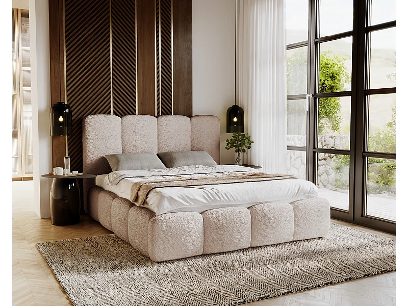 Emporius gestoffeerd bed 140x200 cm Merkad Bouclé - bed met lattenbodem en bedlade, Bouclé - Beige (Anthology 3)