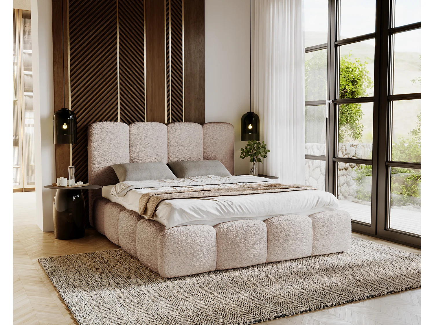 Emporius gestoffeerd bed 160x200 cm Merkad Bouclé - bed met lattenbodem en bedlade, Bouclé - Beige (Anthology 3)