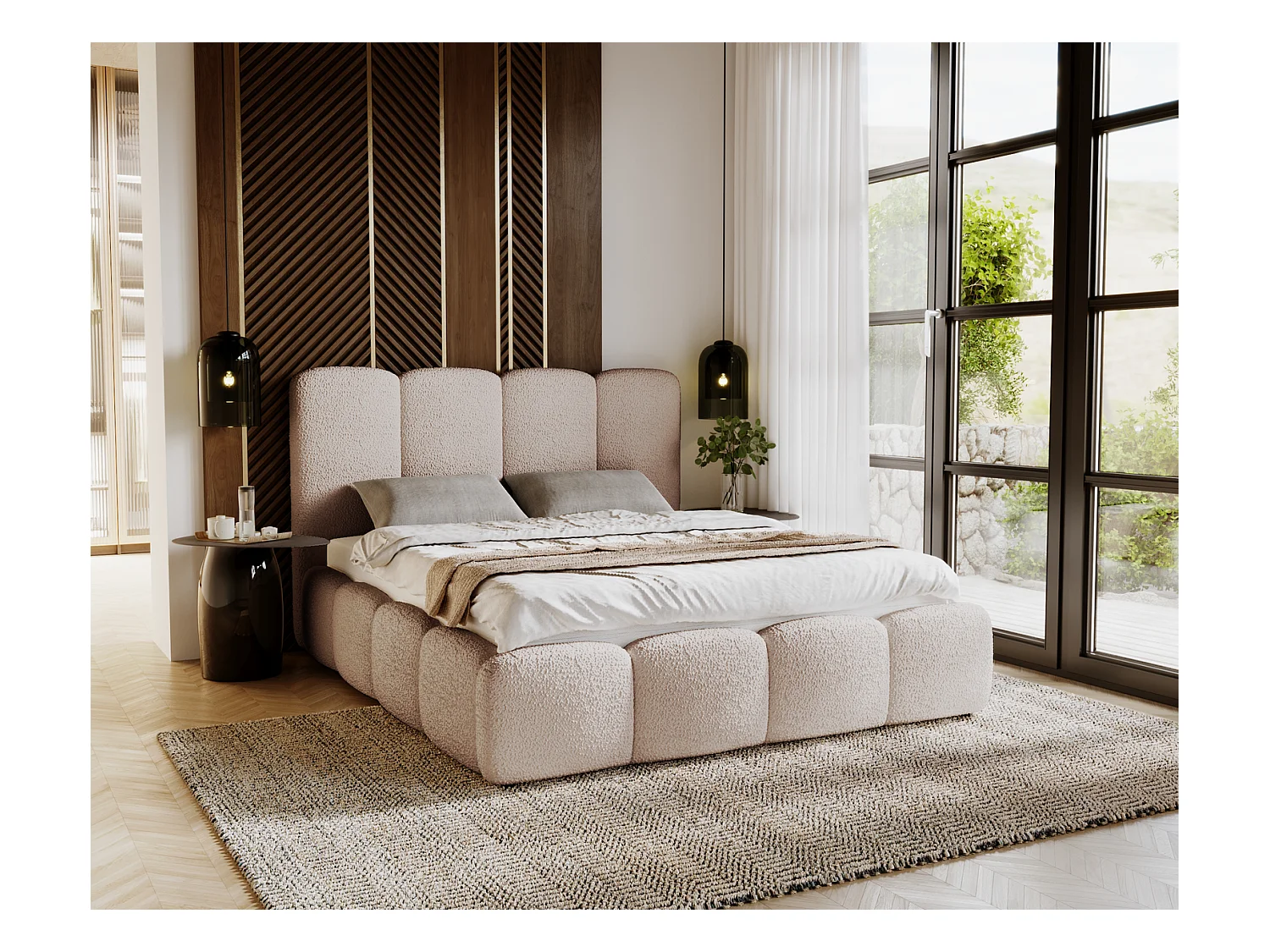 Emporius Merkad Boucle Lit double 160x200 - lit adutle avec rangement, Sommier à Lattes, Coffre à Literie - Lit Rembourré 160x200 Beige (Anthology 3)