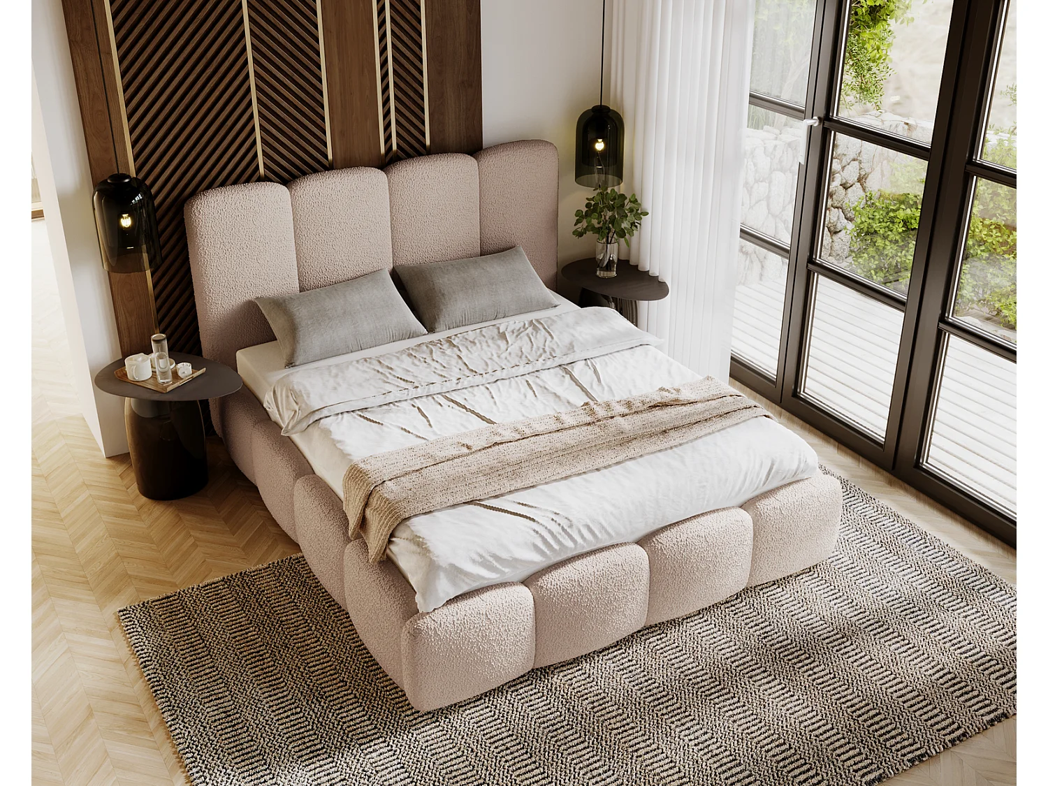 Emporius Merkad Boucle Lit double 160x200 - lit adutle avec rangement, Sommier à Lattes, Coffre à Literie - Lit Rembourré 160x200 Beige (Anthology 3)